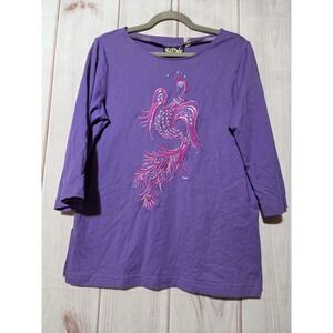 Bob Mackie Wearable Art Purple Cotton Peacock Embroidered 3/4 Sleeve Top Medium